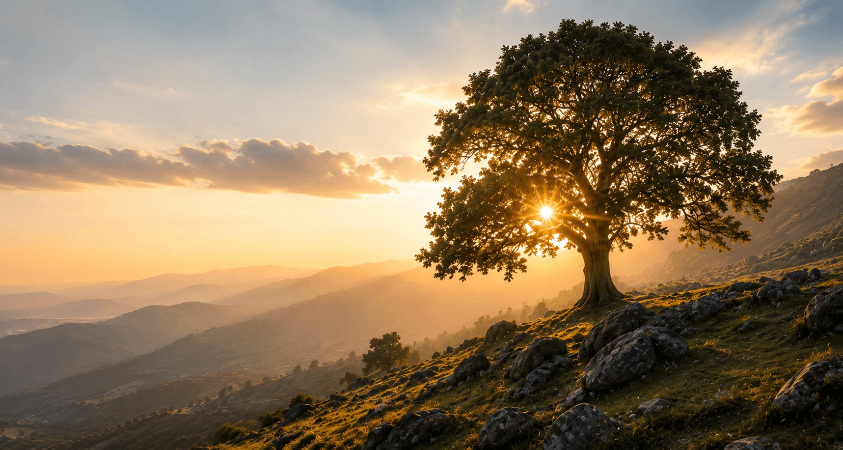 Oak tree on a rolling hill at golden hour — the Árbol Grande symbol of rooted growth